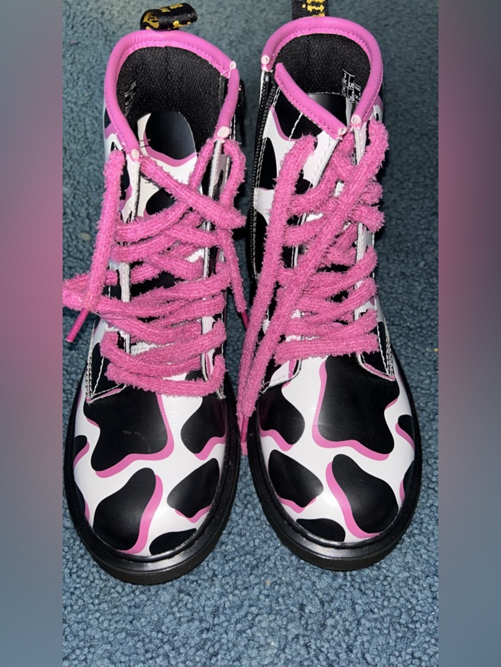 Dr. Martens Kids Pink and Black Cow-Print Lace-Up Boots brand new never worn